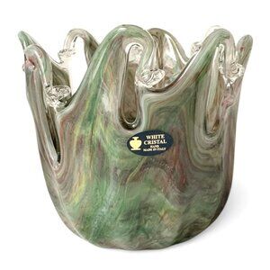 Murano Glass Handkerchief Vase White Cristal Swirl Art Glass Centerpiece